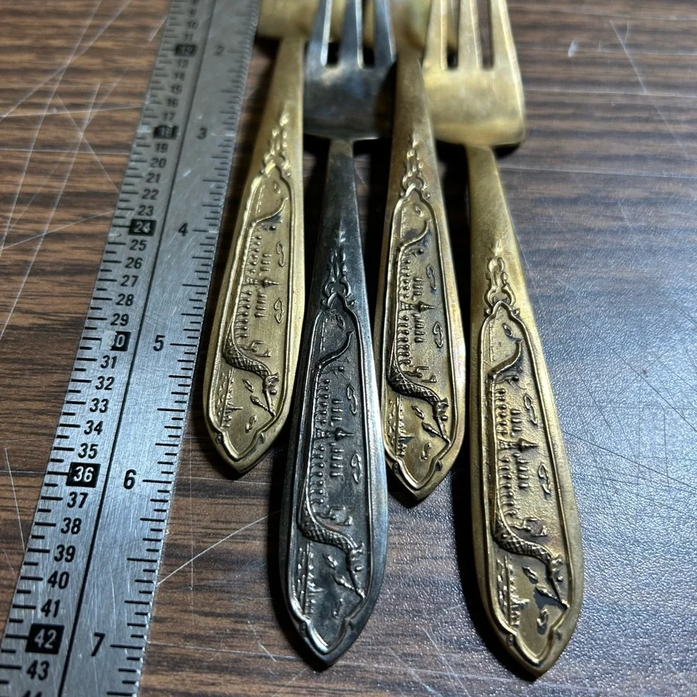 Vintage Brass Flatware Dragon Viking Ship Design Set of 4 Cocktail Shrimp Forks